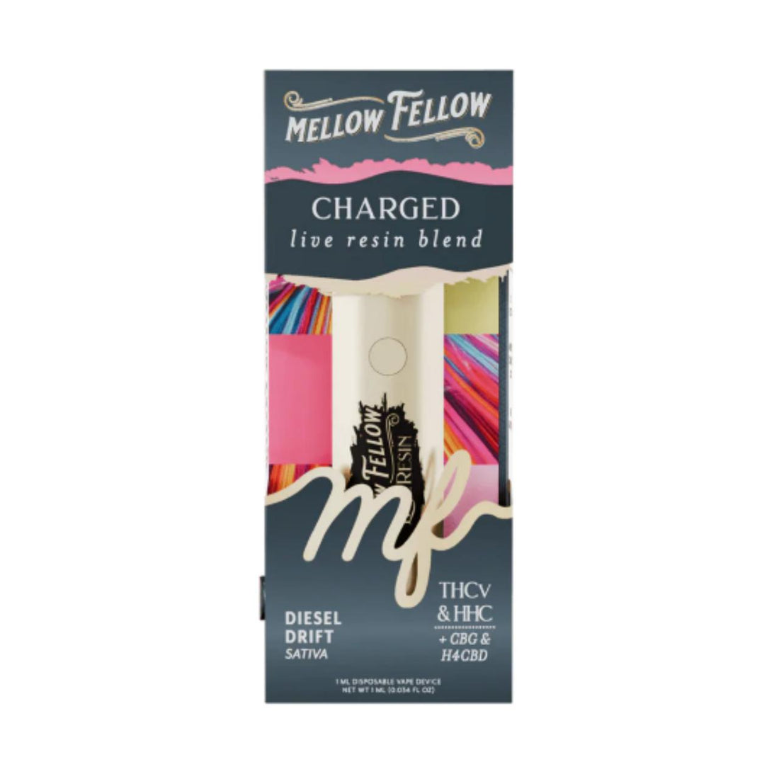 Mellow Fellow Charged live resin disposable box, white background