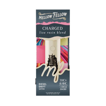 Mellow Fellow Charged live resin disposable box, white background